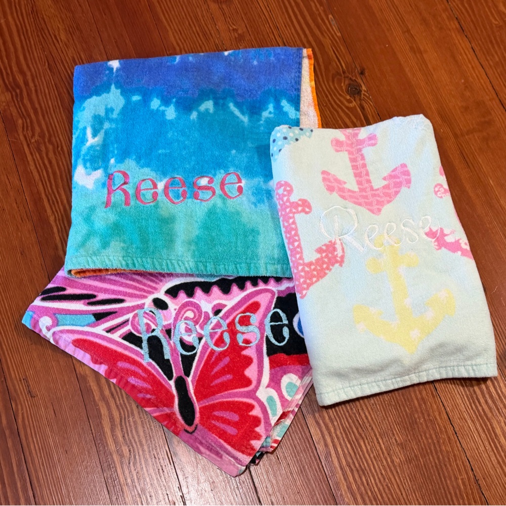 REESE embroidered personalized 3 beach towels summer anchors tie dye butterfly